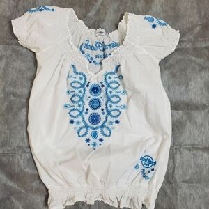 Hard Rock Cafe Smoked Cap Sleeve Embroidered Peasant Cotton Top Size Small